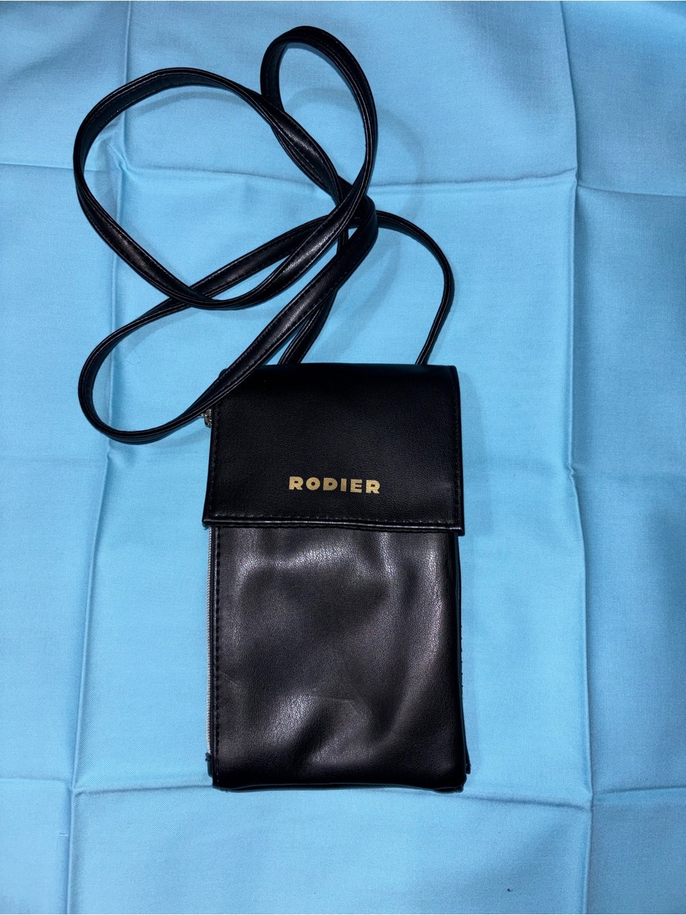 RODIER Black Leatherette Crossbody Phone Pouch with Gold Logo